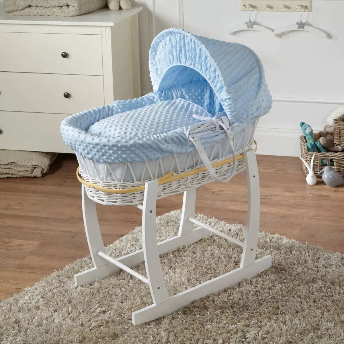 Blue Dimple White Wicker Baby Moses Basket With Stand For Your Little One