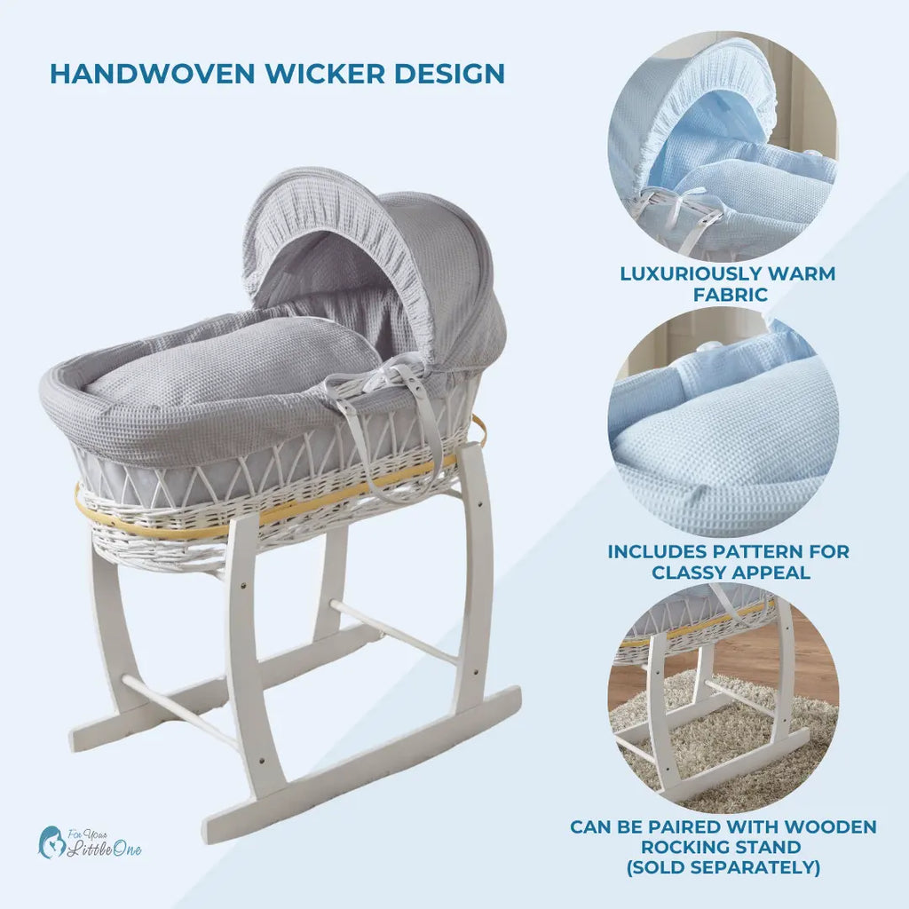Grey Dimple White Wicker Baby Moses Basket With Stand For Your Little One