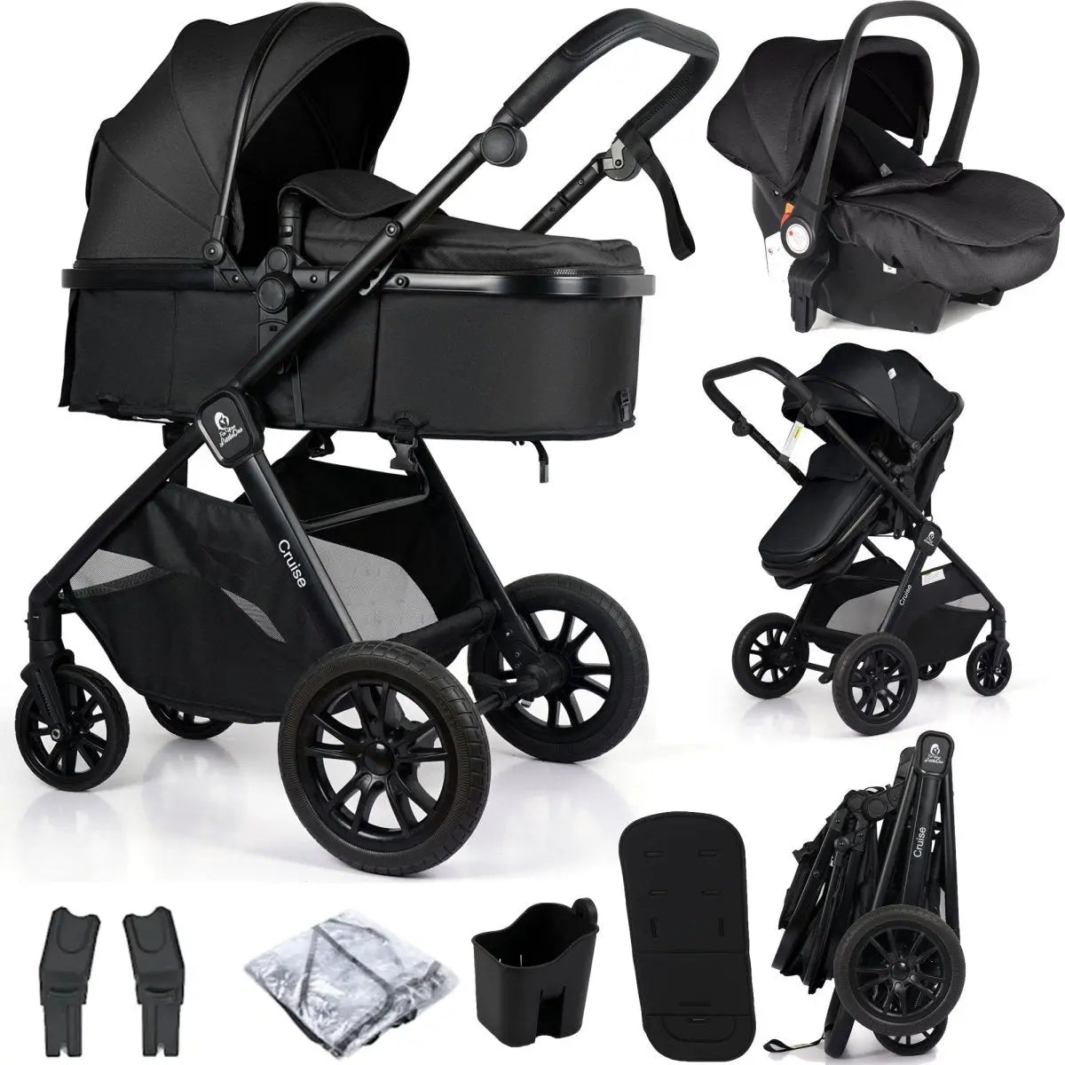 3 In 1 Travel System With Car Seat - Eclipse Black (Free Cupholder / Seat Liner Included!) For Your Little One