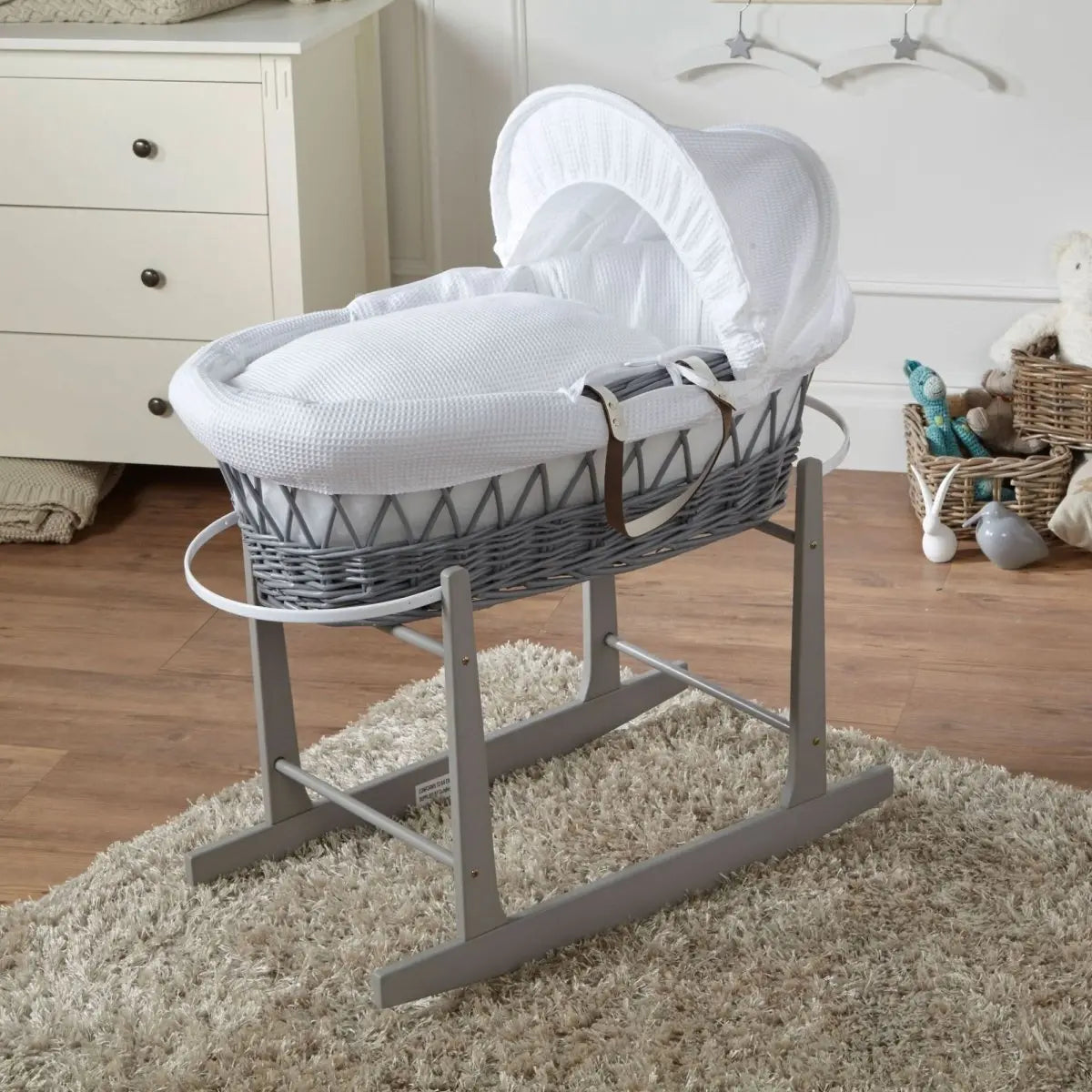 White Waffle Grey Wicker Baby Moses Basket With Stand For Your Little One
