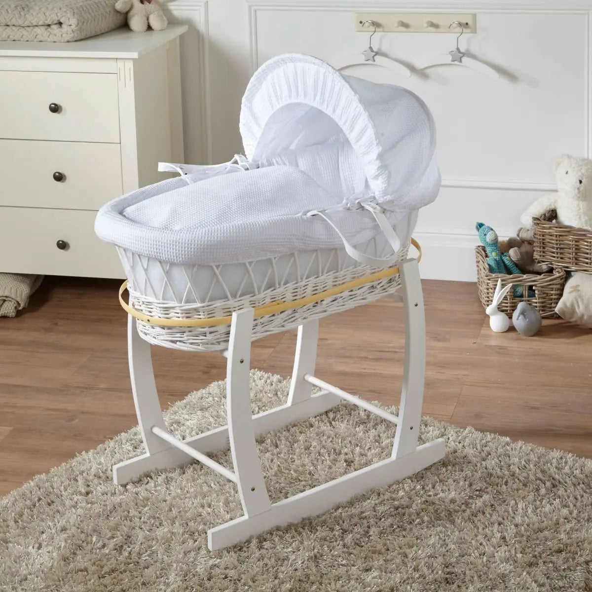 White Waffle White Wicker Baby Moses Basket With Stand For Your Little One
